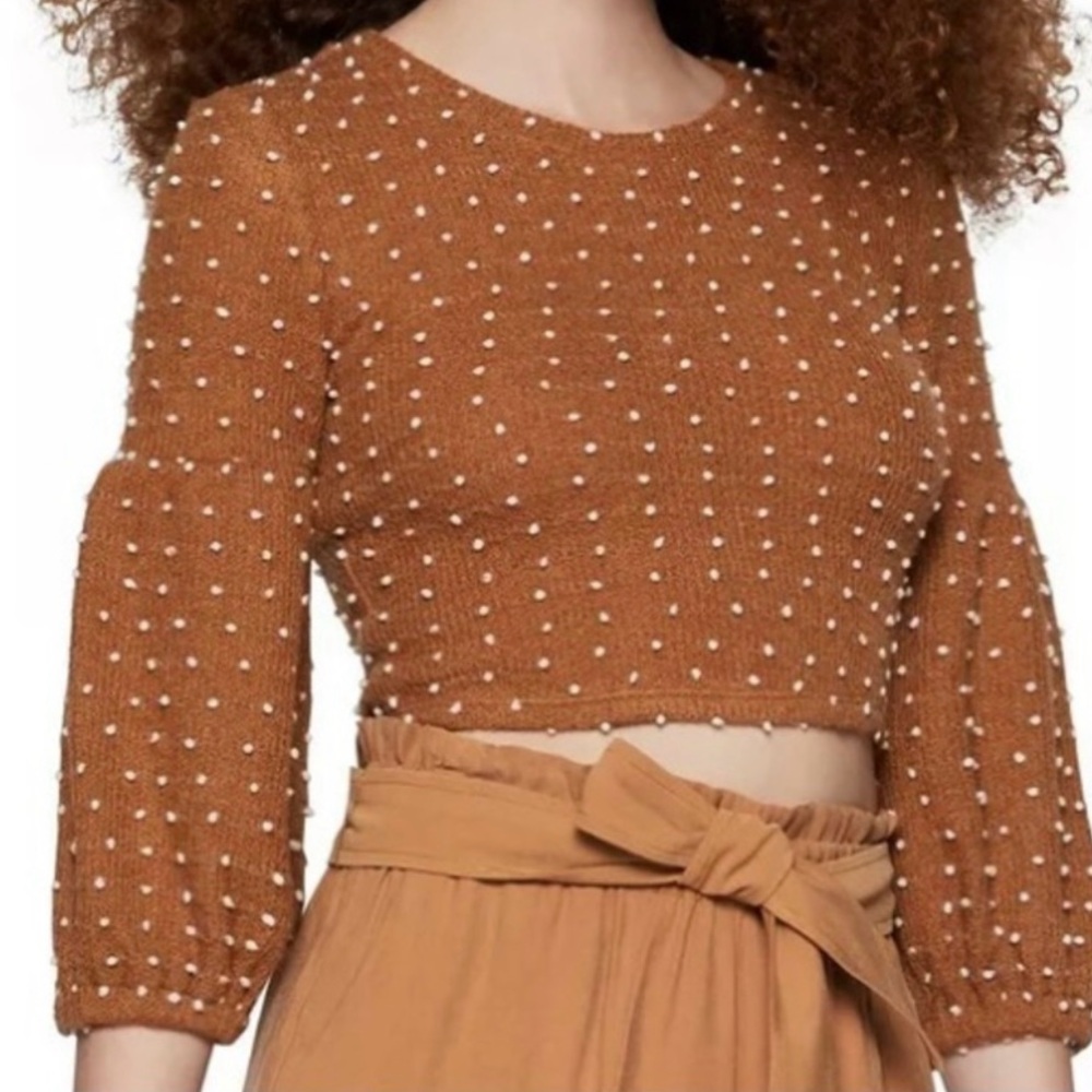 BCBGeneration Brown Polka Dot Puff Sleeve Top SIZE Large NWT